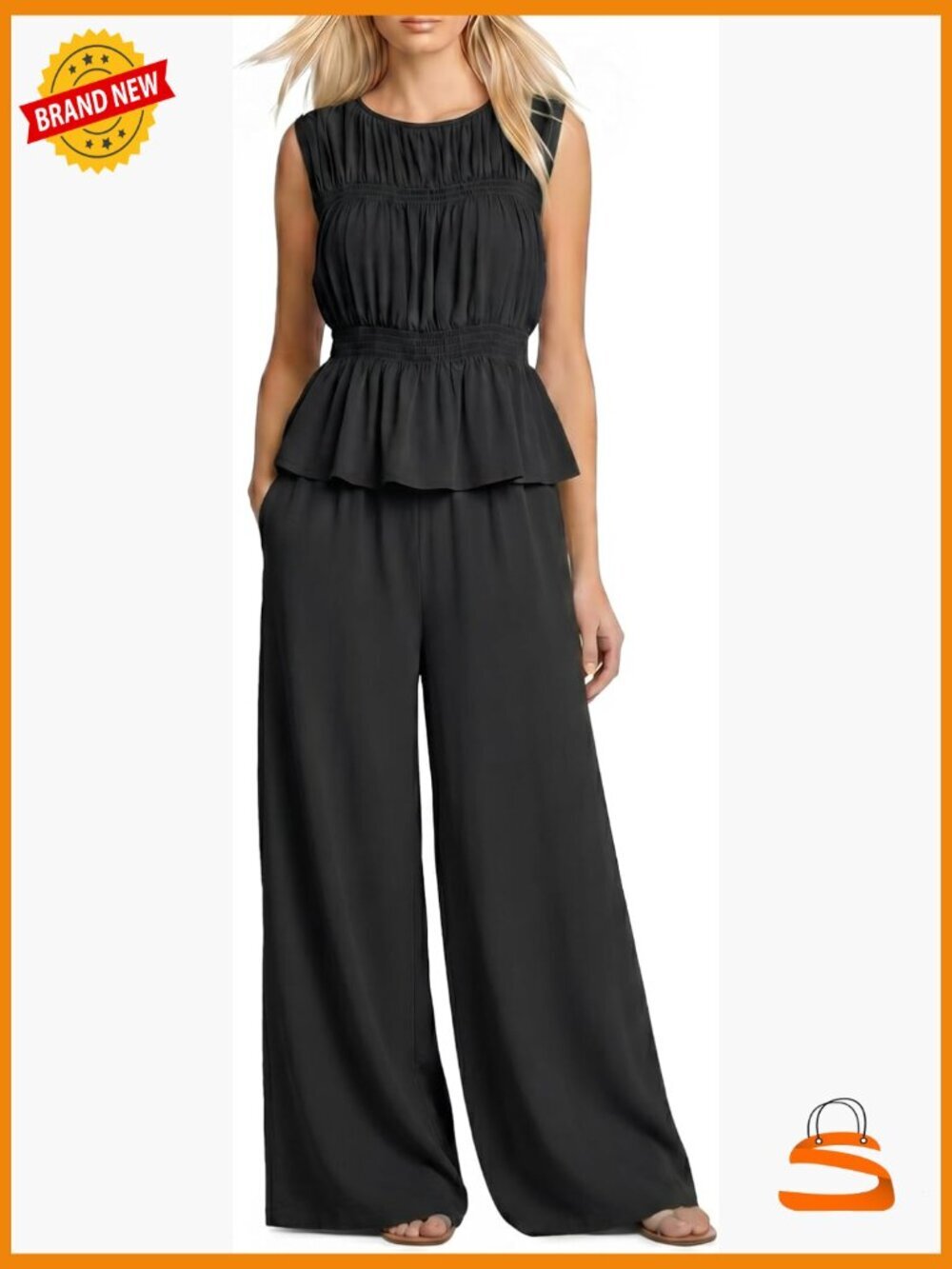 2pc Boho Pleated Ruffle Sleeveless Top & Wide Leg Pants Set Casual